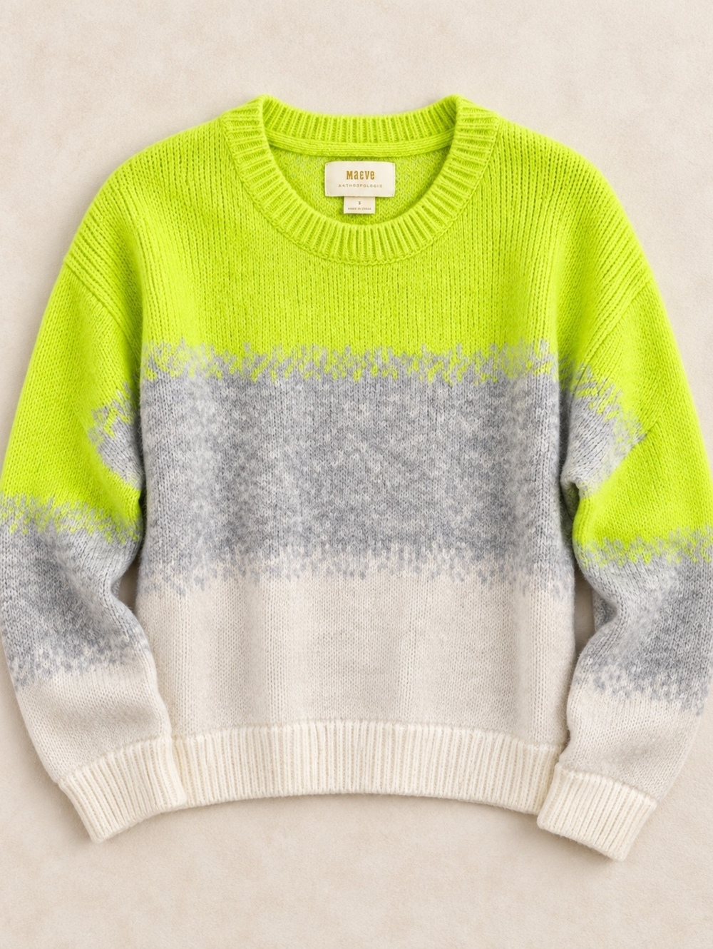 Maeve Colorblock Sweater Large Neon Yellow Gray White Cozy